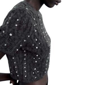 🧡3/15 Zara Jeweled Rhinestone Cropped Short Sleeve Sweater Women's M